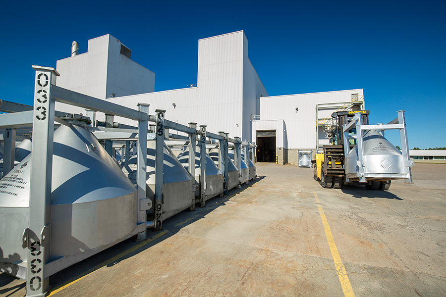 Specially-designed totes are used to safely transport refined U03 to Cameco’s conversion facility in Port Hope. 