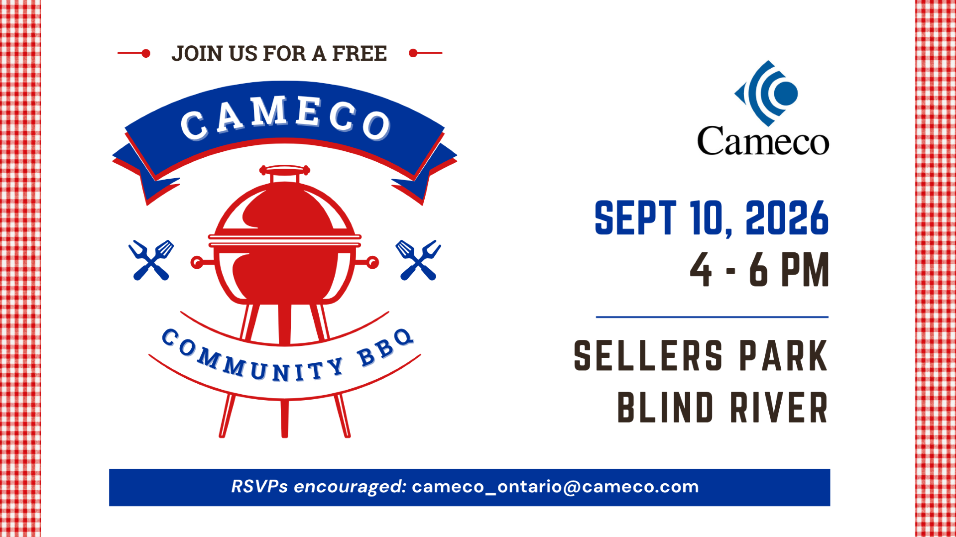 Community BBQ Sept 10, 2026, 4-6 pm, Sellers Park, Blind River